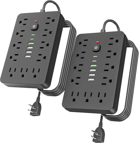 2PCS 5 FT Flat Plug Surge Protector Power Strip,11 Multiple AC Outlets with 6 USB Ports (2 USB C), 5 Feet Extension Cord, 1250W/10A, One Touch Switch Button, 17 in 1 Compact powerstrip