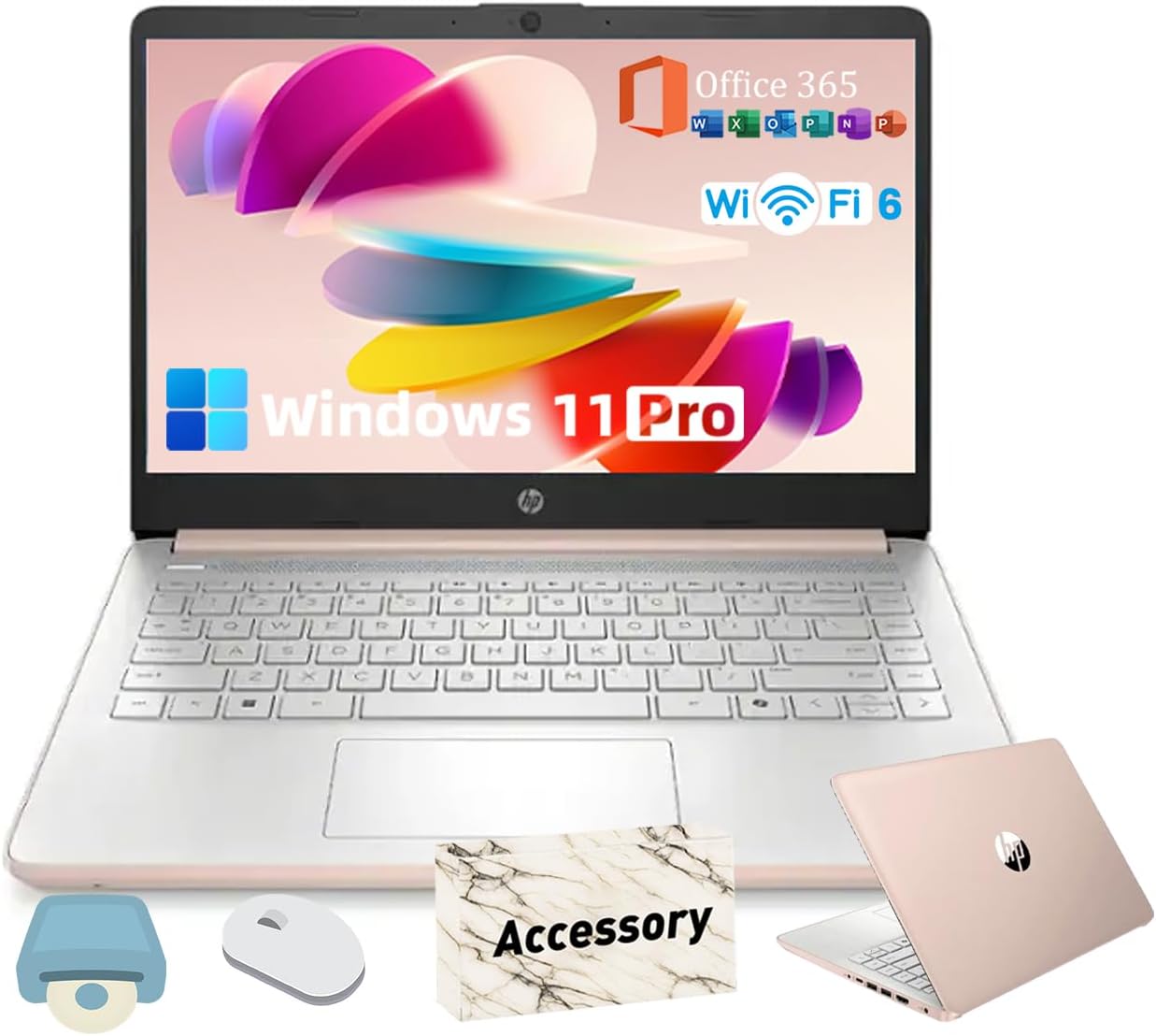 HP 2025 14-inch Laptop Computer - Windows 11 Pro | AI-Powered | 11 Hr Batter & Fast Charging | 14 inch HD | N150 | 1-Year Microsoft Office 365 | 16GB RAM, 128GB UFS | Rose Gold