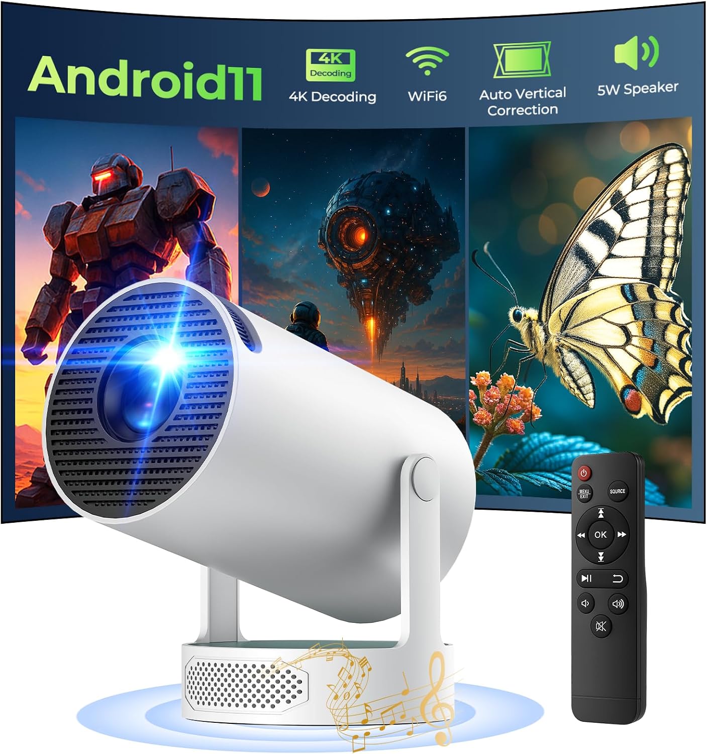 Mini Projector with WiFi 6 and Bluetooth 5.0, Portable Projector 4K support, 5w Soundbase Speaker, Auto Vertical Keystone 270Rotatable Smart Proyector, 180 ANSI Lumens Movie Projector