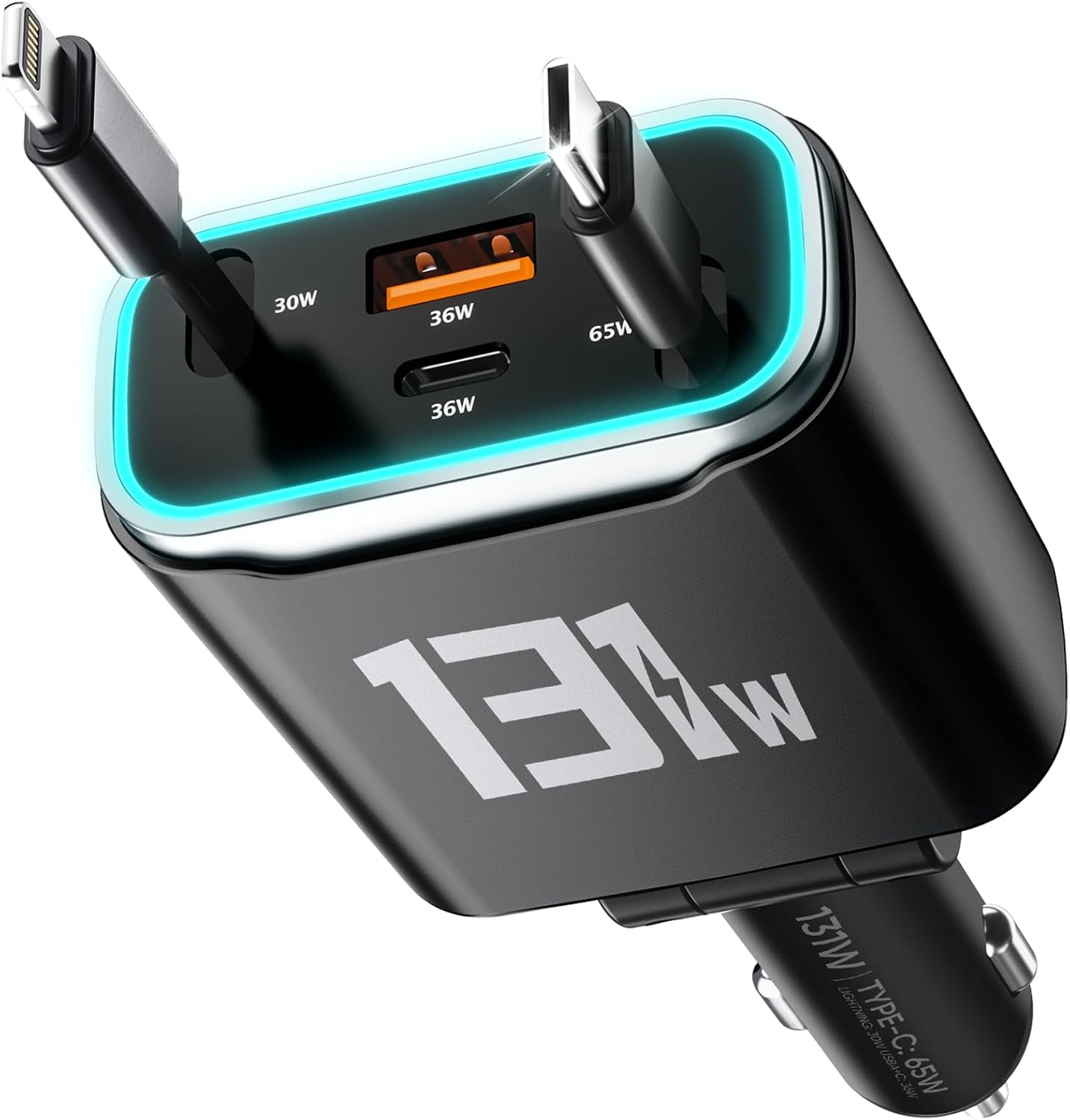 TOENNESEN Retractable Car Charger USB C 131W 4-in-1 Fast Charging with 2 Retractable Cables Car Phone Charger Adapter for iPhone 17 Pro Max 16 15 14 13 Fast Charge Car Accessories, Gifts for Men Women
