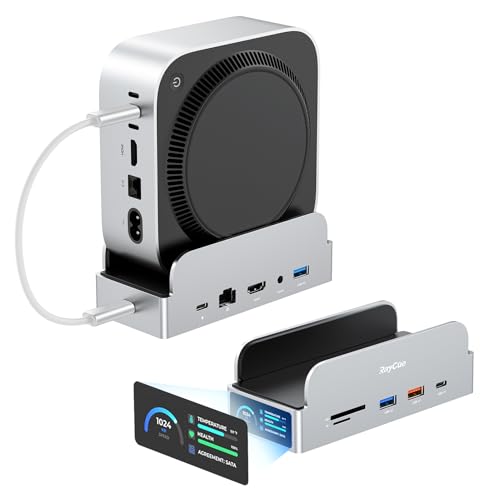RayCue SmartDock Pro for Mac mini M4 Dock Stand with M.2 NVMe SSD Enclosure, 4K 60Hz HDMI, 10Gbps USB-C/A, Gigabit Ethernet, SD/TF Card Readers  Space-Saving Vertical Hub Compatible with Mac mini