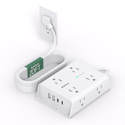 20 FT Flat Plug Extension Cord with Multiple Outlets, Surge Protector Power Strip with 8 Outlets 4 USB Ports (2 USB C), Multi Outlet Wall Plug for Home Office College Dorm Room Essentials