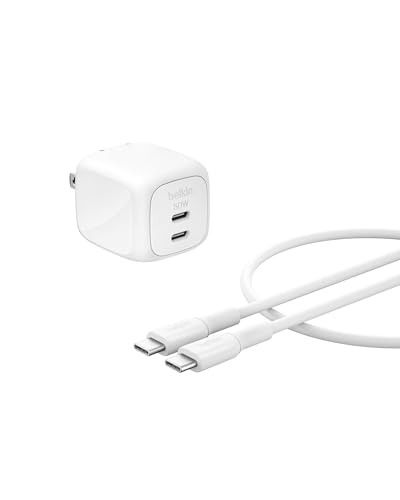 Belkin 2-Port USB C Charger Block 50W, Dual-Port GaN Charger w/ 2X USB C Ports & Included 1M C-C Cable, Fast Charging for MacBook, iPhone, iPad, Chromebook, Galaxy, Pixel - Travel Essentials - White