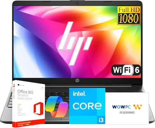 HP 15.6" FHD New Business Laptop 2025/2026 Edition, Intel 13th High-Performance 6-core i3 CPU, 8GB RAM, 256GB SSD, Long Battery Life, Ethernet & SD Card, Win 11 Pro with Microsoft Office, WOWPC USB